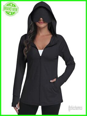 UPF 50+ Hoodie With Eye Mask Zip Up Travel Jacket Lightweight Sun Protection